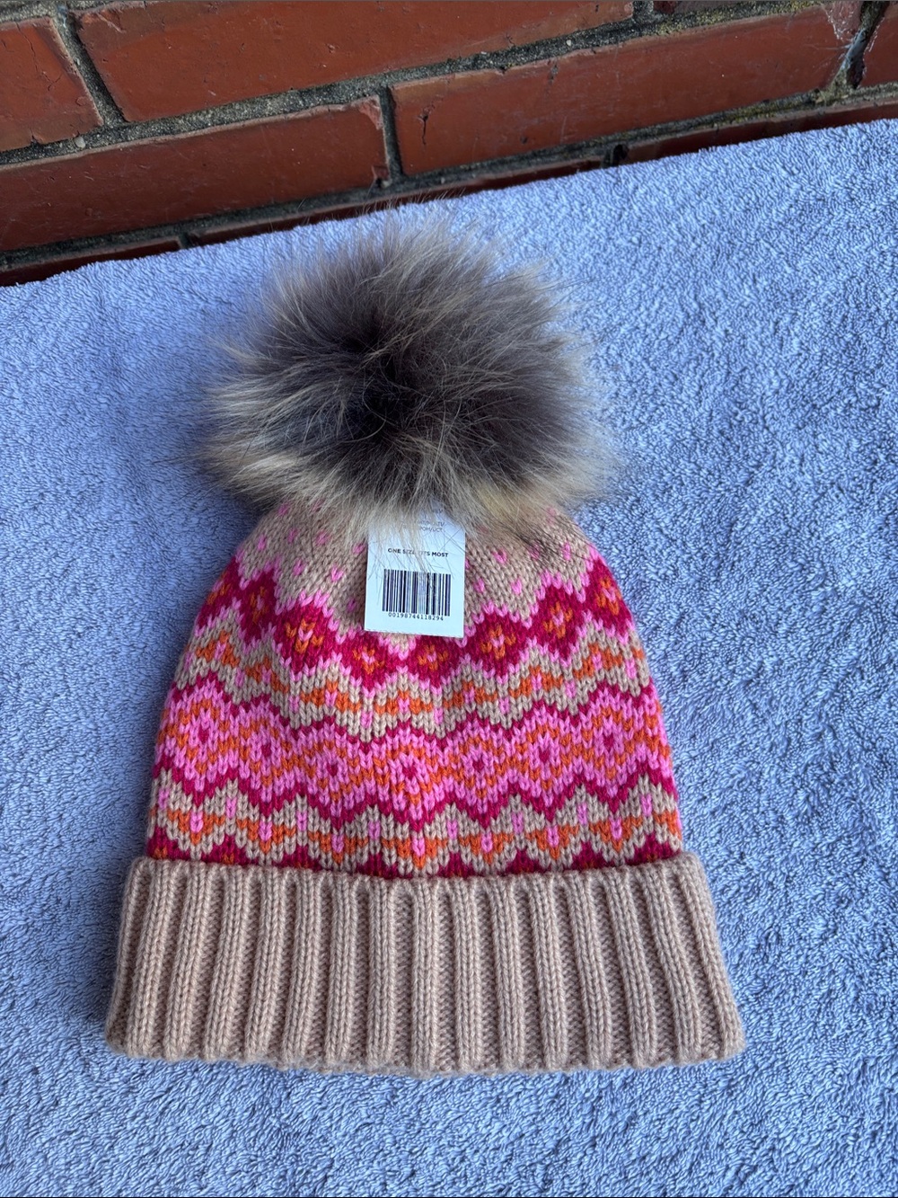 Pom Pom Knit Beanie - Pink Multicolor with Beige Cuff - Picture 1 of 7